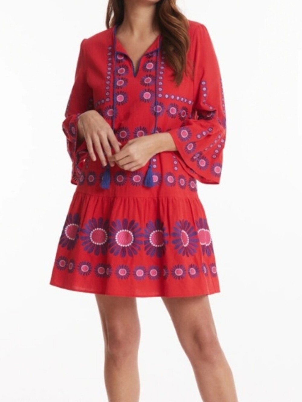 Tyler Boe Embroidered Dress Red Bohemian Floral Beach Vacation 100% Cotton Small